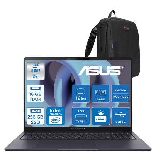 Expertbook Intel Core Ultra 7 255H 16GB Ddr5 256GB SSD Intel Arc 140T Gpu 16" Wuxga IPS 300NITS 4g Sım Windows 11 Pro Kurumsal Bilgisayar MB2224P01 + Zetta Çanta
