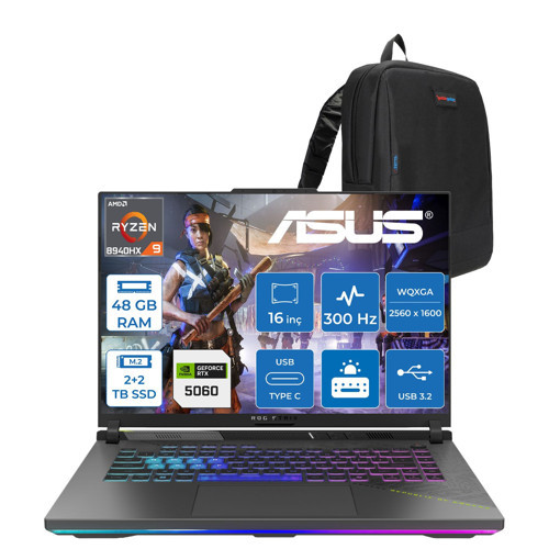 Rog Strix G16 G614PM Amd Ryzen™ 9 8940HX Aı 48GB Ddr5 2tb Ssd+2tb SSD 8GB/RTX5060 115W 16"2.5k (2560 x 1600, Wqxga) 300HZ 3ms SRGB:100% Freedos Gaming Laptop WTS198F22+ZETTAÇANTA