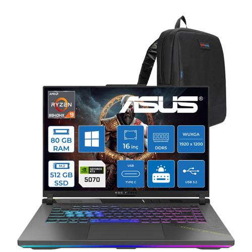 Rog Strix G16 G614PP Amd Ryzen™ 9 8940HX Aı 80GB Ddr5 512GB SSD 8GB/RTX5070 115W 16-Inch Fhd+ 1920 x 1200, 165Hz 3ms IPS-SRGB:100% WINDOWS11PRO Gaming Laptop WRV219P33+ZETTAÇANTA