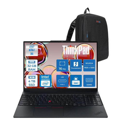 Thinkpad E16 Gen 3 Intel Core Ultra 7 355 32GB Ddr5 4tb SSD Windows 11 Pro Intel Graphics 16" Wuxga (1920 x 1200) IPS 400NITS Taşınabilir Bilgisayar E16G4355P15 + Zetta Çanta