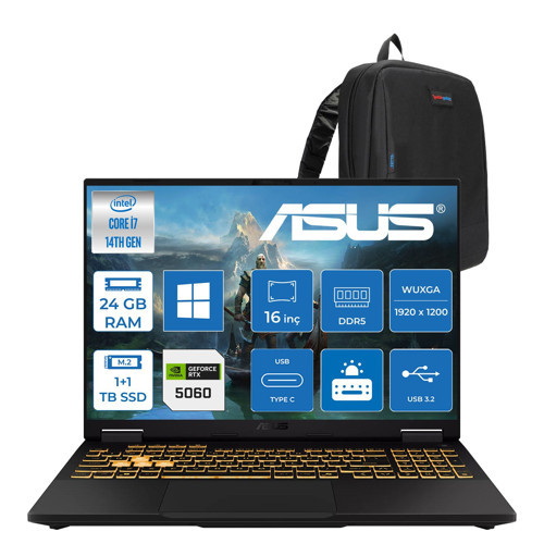 Tuf Gaming F16 FX608JMI Intel® Core™ I7 14650HX 24GB Ddr5 1tb SSD +1tb SSD 8GB/RTX5060 115W 16-Inch Fhd+ 1920 x 1200, 144Hz IPS-SRGB:100% WINDOWS11HOME Gaming Laptop WTU403H04+ZETTAÇANTA