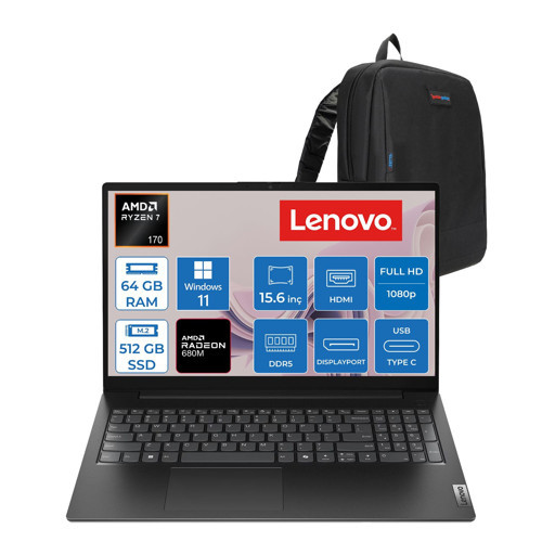 V15 G6 Arp Amd Ryzen™ 7 170 64GB Ddr5 512GB SSD Amd Radeon™ 680M Graphics 15.6" Fhd (1920X1080) IPS 300NITS WIN11HOME Taşınabilir Bilgisayar 83V40026TXH22+ZETTAÇANTA