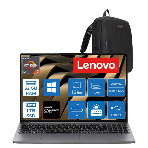 Ideapad Slim 3 16ARP10 Amd Ryzen 7 170 32GB Ddr5 1tb Ssdamd Radeon™ 680M Graphics 16" Wuxga (1920X1200) IPS 300NITS WIN11PRO Taşınabilir Bilgisayar 83K800DKTRP13+ZETTAÇANTA