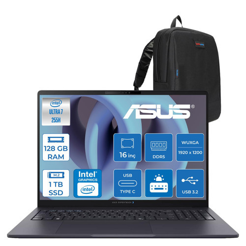 Expertbook Intel Core Ultra 7 255H 128GB Ddr5 1tb SSD Intel Arc 140T Gpu 16" Wuxga IPS 300NITS 4g Sım Windows 11 Pro Kurumsal Bilgisayar MB2224P43 + Zetta Çanta