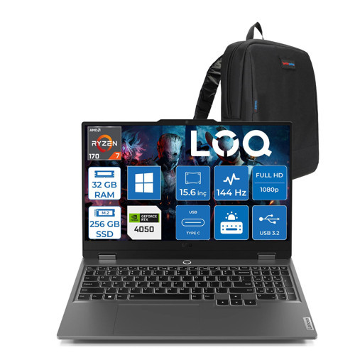 Loq Essential 15ARP10 Amd Ryzen 7 170 Aı 32GB Ddr5 256GB SSD Rtx™ 4050/6GB/65W 15.6" Fhd (1920X1080) IPS 300NITS 100% Srgb, 144Hz WIN11PRO Bilgisayar 83S000DXTRP11+ZETTAÇANTA