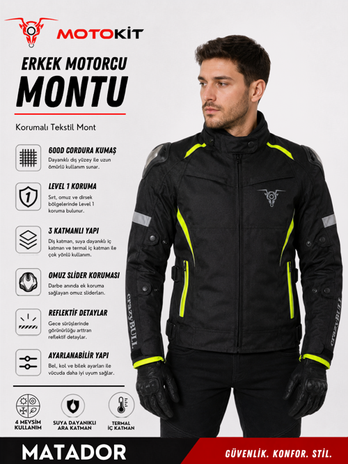 CrazyBull Matador Neon Sarı Erkek 4 Mevsim 3 Katmanlı Korumalı Reflektörlü Motosiklet Montu