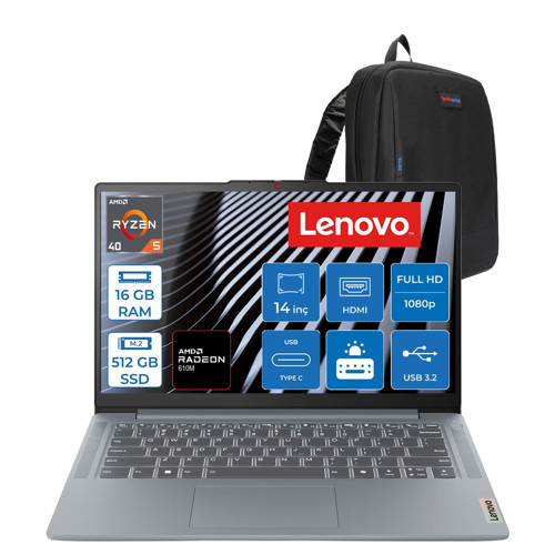 Ideapad Slim 3 Ryzen5 40 16GB Lpddr5 512GB SSD Amd Radeon 610M 14" Fhd (1920X1080) IPS 300NITS Freedos Taşınabilir Bilgisayar D82XN00DCTXF02 + Zetta Çanta