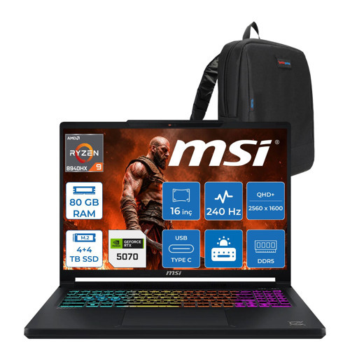 Msı Crosshaır 16 Max Hx E2WGXK-043TR Intel Core Ultra 9-275HX Aı 80GB Ddr5 4tb+4tb SSD 8GB/RTX5070 115W 16 Inç Qhd+ (2560 x 1600) Oled, 165hz Freedos Gaming Laptop ZW043TRF40+ZETTAÇANTA