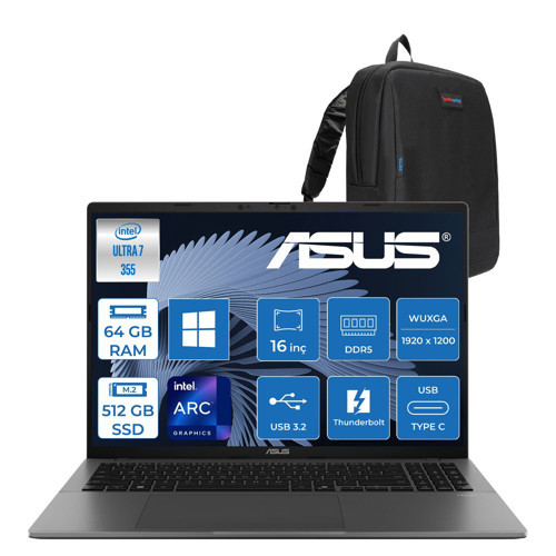 Vivobook S16 (S3607AA) Intel® Core™ Ultra 7 355 Aı 64GB Ddr5 512GB SSD 16.0-Inch, Wuxga (1920 x 1200) OLED 0.2ms 400NITS WIN11PRO Taşınabilir Bilgisayar WSH189WP22+ZETTAÇANTA