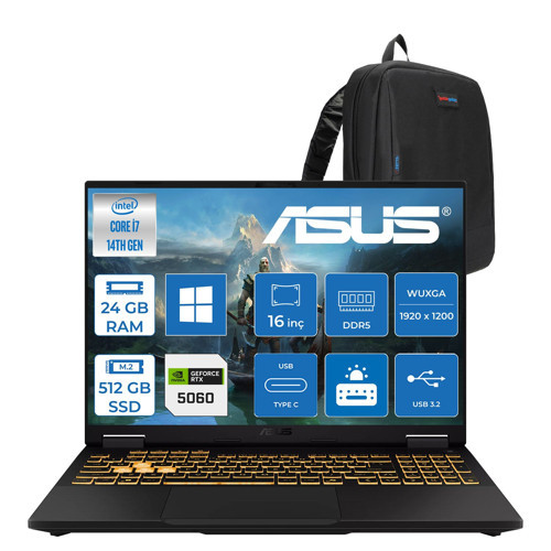 Tuf Gaming F16 FX608JMI Intel® Core™ I7 14650HX 24GB Ddr5 512GB SSD 8GB/RTX5060 115W 16-Inch Fhd+ 1920 x 1200, 144Hz IPS-SRGB:100% WINDOWS11PRO Gaming Laptop WTU403P01+ZETTAÇANTA