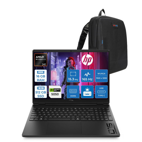 Hp Hyperx Omen Amd Ryzen 5 240 16GB Ddr5 512GB SSD 8GB/RTX5050 15.3" Wuxga 165Hz 6.5ms IPS Windows 11 Home Gaming Bilgisayar D2QW7EAH02 + Zetta Çanta