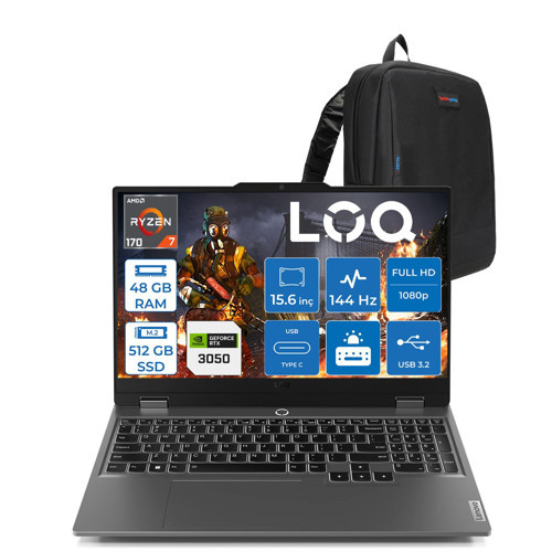 Loq Essential Amd Ryzen 7 170 48GB Ddr5 Ddr5 512GB SSD 6GB/RTX3050/65W 15.6" Fhd IPS 300NITS 144Hz Windows 11 Pro Gaming Bilgisayar 83S000DYTRP27 + Zettaçanta