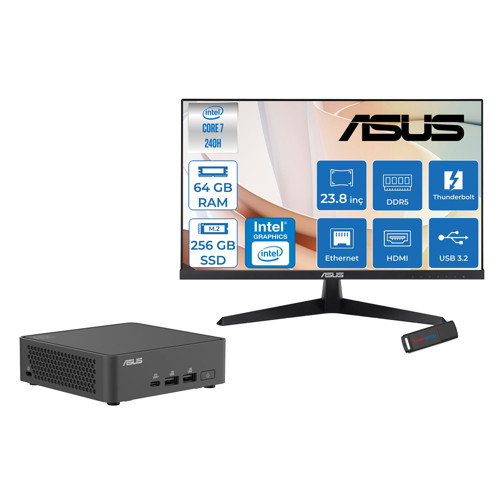 Nuc 15 Pro Slim Kit Intel Core 7-240H 5.2ghz Up 64GB Ddr5 256GB SSD Intel® Graphics 120Hz IPS 23.8 Fhd Mon. Freedos Mini Masaüstü Bilgisayar RNUC15CRKC70000223F21+ZETTAUSBBELLEK