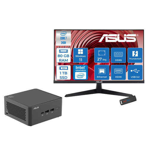 Nuc 15 Pro Tall Kit Intel Core 7-240H 5.2ghz Up 80GB Ddr5 1tb SSD Intel® Graphics 120Hz IPS 27 Inç Fhd Mon. WIN11HOME Mini Masaüstü Bilgisayar RNUC15CRHC70000227H28+ZETTAUSBBELLEK