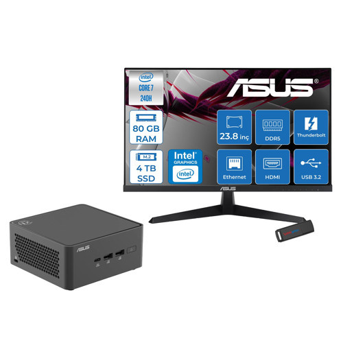 Nuc 15 Pro Tall Kit Intel Core 7-240H 5.2ghz Up 80GB Ddr5 4tb SSD Intel® Graphics 120Hz IPS 23.8 Fhd Mon. Freedos Mini Masaüstü Bilgisayar RNUC15CRHC70000223F30+ZETTAUSBBELLEK