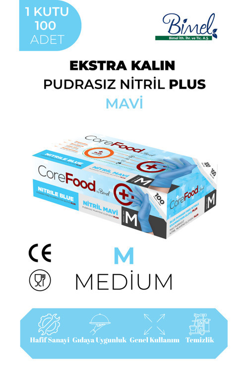 Ekstra Kalın Nitril Mavi Plus Muayene Eldiveni M - 1 Paket 100'lü