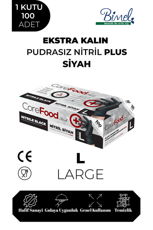 Ekstra Kalın Nitril Siyah Plus Muayene Eldiveni L - 1 Paket 100'lü