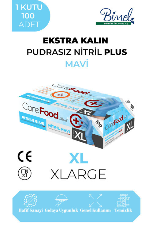 Ekstra Kalın Nitril Mavi Plus Muayene Eldiveni XL - 1 Paket 100'lü