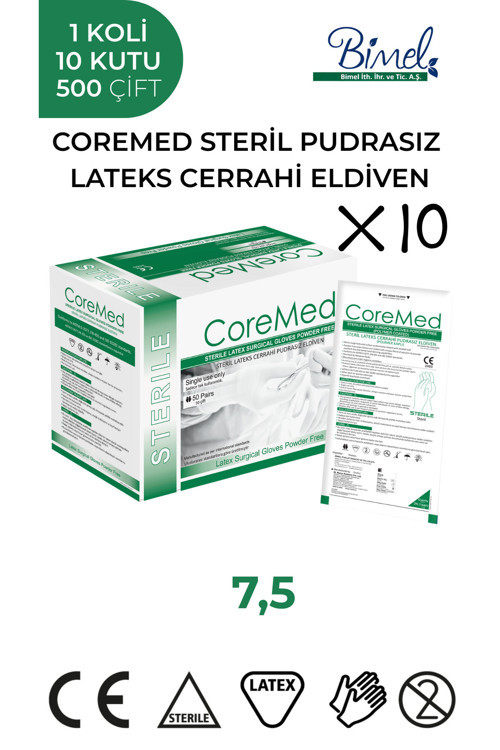 STERİL CERRAHİ LATEKS PUDRASIZ ELDİVEN 7,5 BEDEN 1 Koli-10 Paket-500 Çift