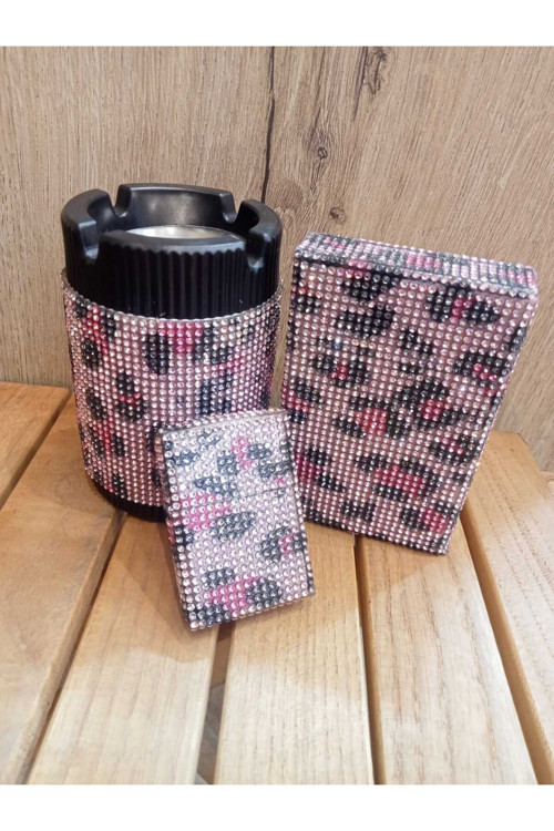 Pembe Leopar Taşlı Slim (İnce) Kısa Metal Sigara Kutusu - Alüminyun Küllük ve Zippo Çakmak
