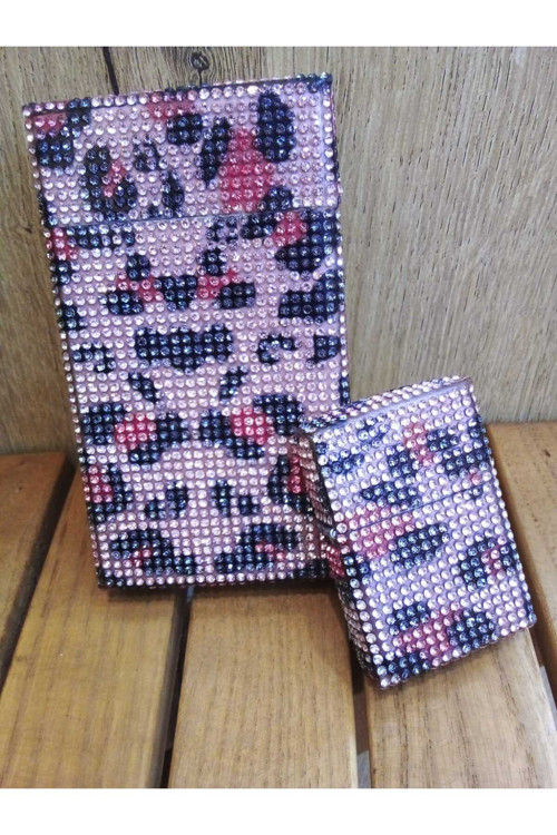 Pembe Leopar Taşlı Slim (İnce) Uzun Metal Sigara Kutusu ve Zippo Çakmak