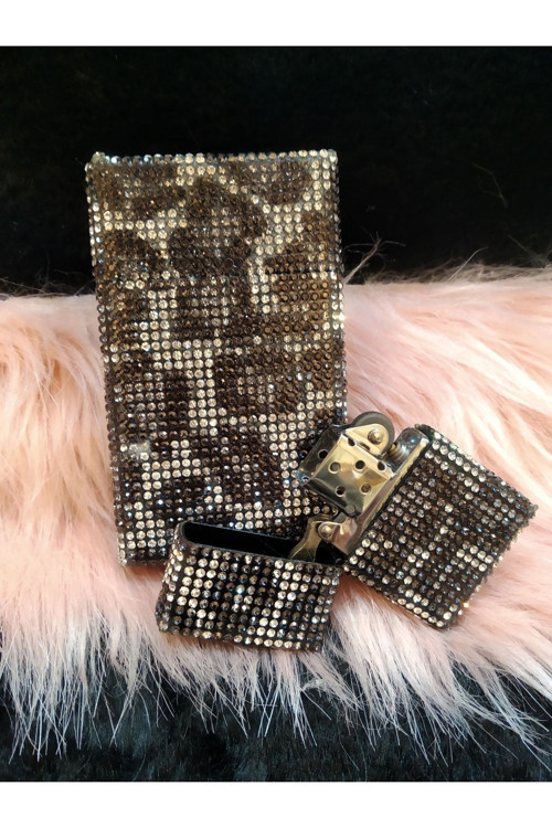 Geniş Siyah-gümüş Leopar Taşlı Kısa Kalın Sigara Kutusu Ve Zippo Çakmak Seti