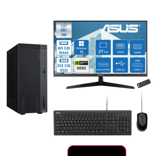 Expertcenter P500MV Intel® Core™ Ultra 7 240H 5.2ghz Aı 80GB Ddr5 512GB SSD 27"120Hz 8GB/RTX5050 WIN11HOME Mini Tower Masaüstü Bilgisayar E724016512B0D27H27+ZETTAUSBBELLEK