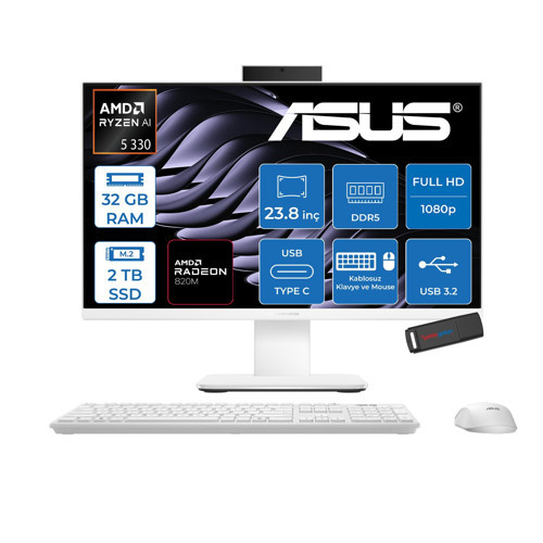 Expertcenter P600 Aio (PM640KA) Amd Ryzen™aı 5 330 Upto 4.5 Ghz 32GB Ddr5 2tb SSD Amd Radeon™ 820M 23.8 Fhd (1920 x 1080)SRGB: 100% Freedos Allınone Bilgisayar PM640KA330F14+ZETTAUSBBELLEK