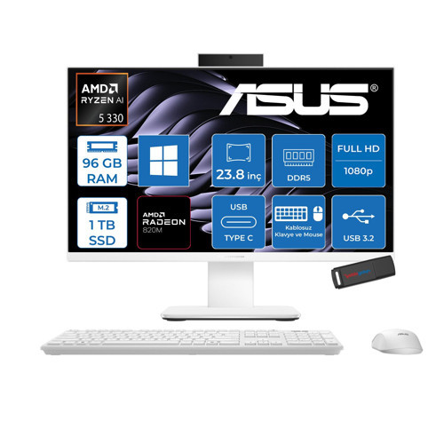 Expertcenter P600 Aio (PM640KA) Amd Ryzen™aı 5 330 Upto 4.5 Ghz 96GB Ddr5 1tb SSD Amd Radeon™ 820M 23.8 Fhd (1920 x 1080)SRGB: 100% WIN11PRO Allınone Bilgisayar PM640KA330P33+ZETTAUSBBELLEK