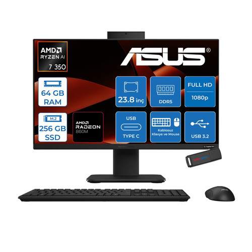 Expertcenter P600 Aio (PM640KA) Amd Ryzen™aı 7 350 Upto 5.0ghz 64GB Ddr5 256GB SSD Amd Radeon™ 860M 23.8"fhd (1920 x 1080)SRGB: 100% Freedos Allınone Bilgisayar PM640KA350F21+ZETTAUSBBELLEK
