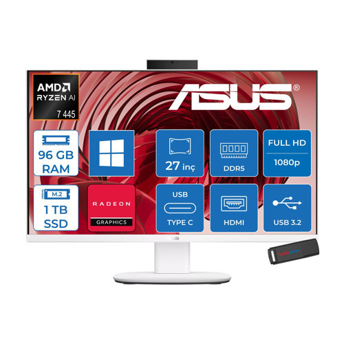 Expertcenter V600 Aio (VM670GA) Amd Ryzen™aı 7 445 Upto 4.6ghz 96GB Ddr5 1tb SSD Amd Radeon™ 840M 27"fhd 300NITS Srgb: 100% WIN11PRO Allınone Bilgisayar VM670GA350P33+ZETTAUSBBELLEK