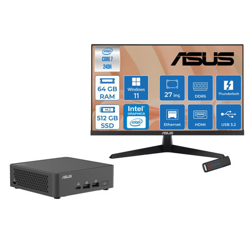 Nuc 15 Pro Slim Kit Intel Core 7-240H 5.2ghz Up 64GB Ddr5 512GB SSD Intel® Graphics 120Hz IPS 27 Inç Fhd Mon. WIN11HOME Mini Masaüstü Bilgisayar RNUC15CRKC70000227H22+ZETTAUSBBELLEK