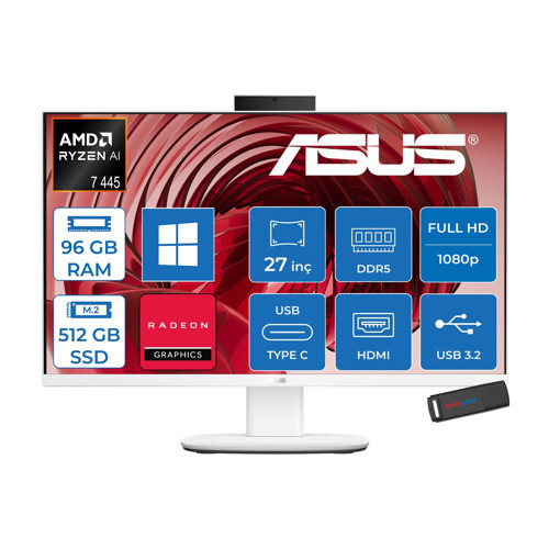 Expertcenter V600 Aio (VM670GA) Amd Ryzen™aı 7 445 Upto 4.6ghz 96GB Ddr5 512GB SSD Amd Radeon™ 840M 27"fhd 300NITS Srgb: 100% WIN11PRO Allınone Bilgisayar VM670GA350P32+ZETTAUSBBELLEK
