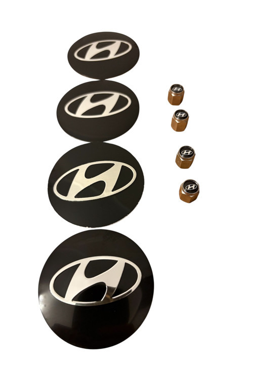 HYUNDAI LOGO ALÜMİNYUM MALZEME 4 ADET JANT GÖBEK VE 4 ADET METAL SİBOP KAPAK TAKIMI