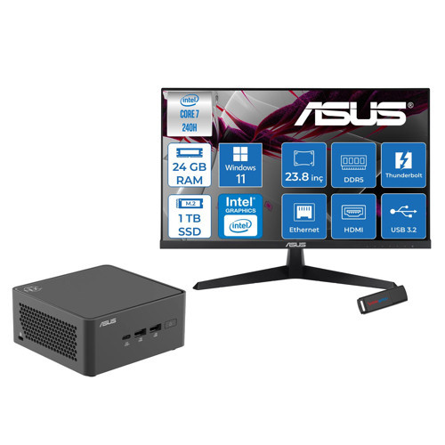 Nuc 15 Pro Tall Kit Intel Core 7-240H 5.2ghz Up 24GB Ddr5 1tb SSD Intel® Graphics 120Hz IPS 23.8 Fhd Mon. WIN11PRO Mini Masaüstü Bilgisayar RNUC15CRHC70000223P08+ZETTAUSBBELLEK