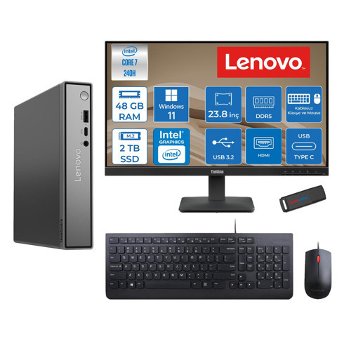 Thinkcentre Neo 50Q Gen 5 Intel Core 7-240H 5.2ghz Up 48GB Ddr5 2tb SSD Intel® Graphics+Lenovo 23.8" FHD Mon. WIN11HOME Mini Masaüstü Bilgisayar 13B9001PTR23H19+ZETTAUSBBELLEK