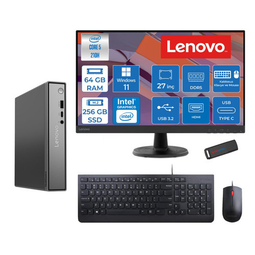 Thinkcentre Neo 50Q Gen 5 Intel Core 5-210H 4.8ghz Up 64GB Ddr5 256GB SSD Intel® Graphics+Lenovo 27" FHD Mon. WIN11PRO Mini Masaüstü Bilgisayar 13B9001MTR27P21+ZETTAUSBBELLEK