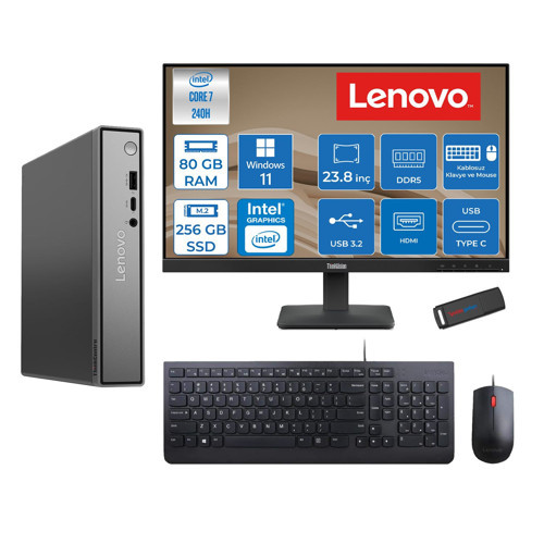 Thinkcentre Neo 50Q Gen 5 Intel Core 7-240H 5.2ghz Up 80GB Ddr5 256GB SSD Intel® Graphics+Lenovo 23.8" FHD Mon. WIN11HOME Mini Masaüstü Bilgisayar 13B9001PTR23H26+ZETTAUSBBELLEK