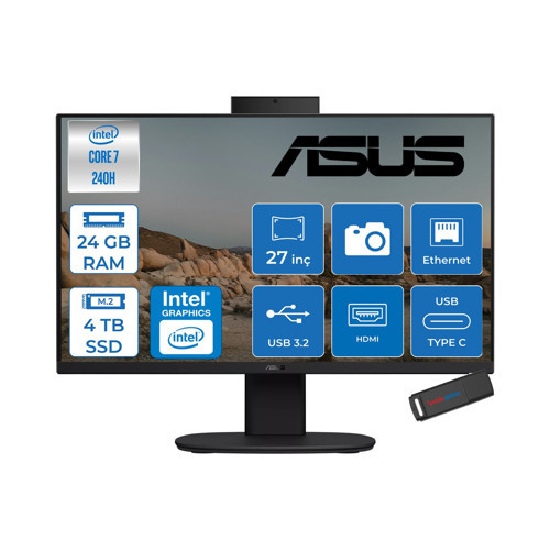 V470VAK Intel® Core™ 7 240H 5.2ghz 24GB Ddr5 4tb SSD 27" Fhd 100HZ 300NITS Srgb: %100 Freedos Siyah Allınone Bilgisayar 27C716512B0DF10+ZETTAUSBBELLEK