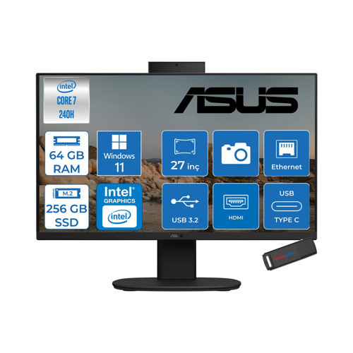 V470VAK Intel® Core™ 7 240H 5.2ghz 64GB Ddr5 256GB SSD 27" Fhd 100HZ 300NITS Srgb: %100 WIN11PRO Siyah Allınone Bilgisayar 27C716512B0DP21+ZETTAUSBBELLEK