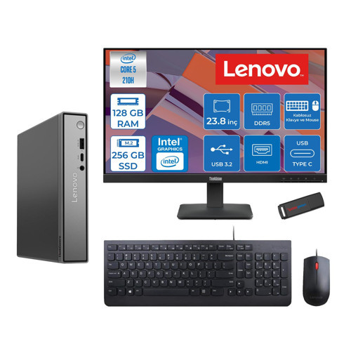 Thinkcentre Neo 50Q Gen 5 Intel Core 5-210H 4.8ghz Up 128GB Ddr5 256GB SSD Intel® Graphics+Lenovo 23.8" FHD Mon. Freedos Mini Masaüstü Bilgisayar 13B9001MTR23F36+ZETTAUSBBELLEK