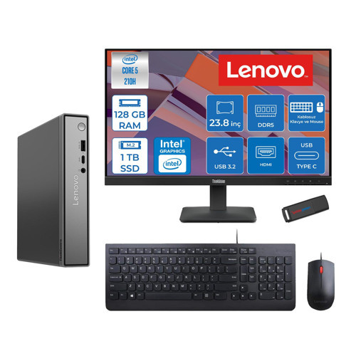Thinkcentre Neo 50Q Gen 5 Intel Core 5-210H 4.8ghz Up 128GB Ddr5 1tb SSD Intel® Graphics+Lenovo 23.8" FHD Mon. Freedos Mini Masaüstü Bilgisayar 13B9001MTR23F38+ZETTAUSBBELLEK