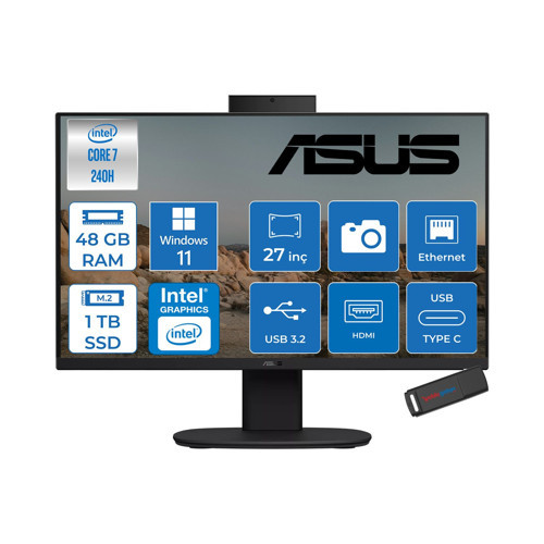 V470VAK Intel® Core™ 7 240H 5.2ghz 48GB Ddr5 1tb SSD 27" Fhd 100HZ 300NITS Srgb: %100 WIN11HOME Siyah Allınone Bilgisayar 27C716512B0DH18+ZETTAUSBBELLEK