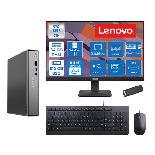 Thinkcentre Neo 50Q Gen 5 Intel Core 5-210H 4.8ghz Up 64GB Ddr5 512GB SSD Intel® Graphics+Lenovo 23.8" FHD Mon. WIN11HOME Mini Masaüstü Bilgisayar 13B9001MTR23H22+ZETTAUSBBELLEK