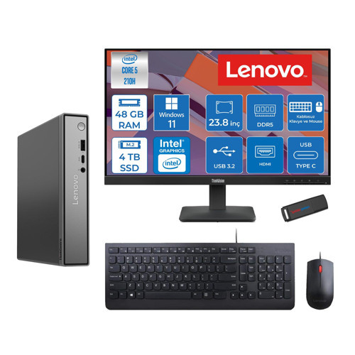 Thinkcentre Neo 50Q Gen 5 Intel Core 5-210H 4.8ghz Up 48GB Ddr5 4tb SSD Intel® Graphics+Lenovo 23.8" FHD Mon. WIN11PRO Mini Masaüstü Bilgisayar 13B9001MTR23P20+ZETTAUSBBELLEK
