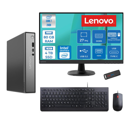 Thinkcentre Neo 50Q Gen 5 Intel Core 7-240H 5.2ghz Up 80GB Ddr5 4tb SSD Intel® Graphics+Lenovo 27" FHD Mon. Freedos Mini Masaüstü Bilgisayar 13B9001PTR27F30+ZETTAUSBBELLEK