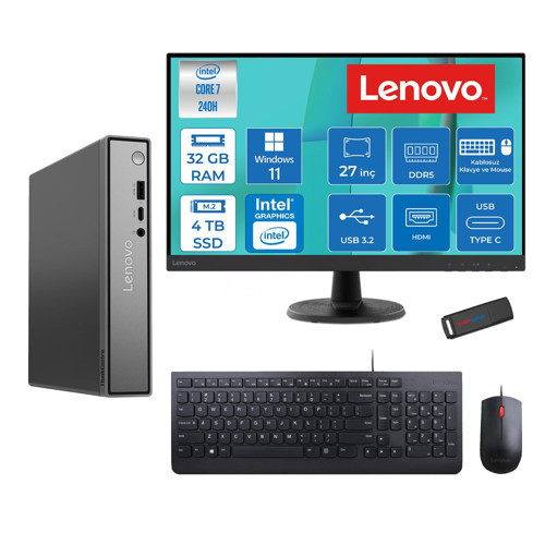 Thinkcentre Neo 50Q Gen 5 Intel Core 7-240H 5.2ghz Up 32GB Ddr5 4tb SSD Intel® Graphics+Lenovo 27" FHD Mon. WIN11HOME Mini Masaüstü Bilgisayar 13B9001PTR27H15+ZETTAUSBBELLEK