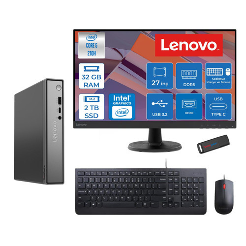 Thinkcentre Neo 50Q Gen 5 Intel Core 5-210H 4.8ghz Up 32GB Ddr5 2tb SSD Intel® Graphics+Lenovo 27" FHD Mon. Freedos Mini Masaüstü Bilgisayar 13B9001MTR27F14+ZETTAUSBBELLEK
