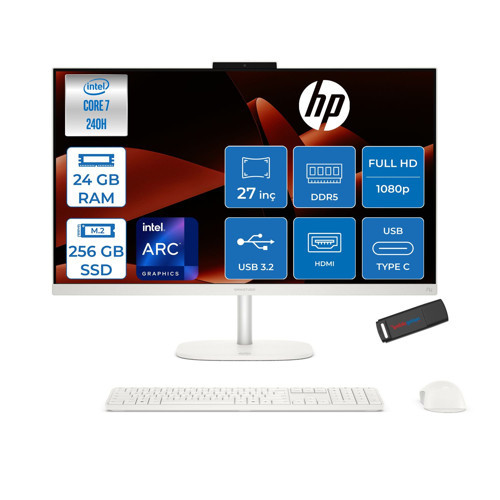 Omnistudio 27-CU0008NT Intel Core 7 240H Up 5.2ghz 24GB Ddr5 256GB SSD 27" Fhd (1920X1080) IPS 350 Nit %100 Srgb Wled Freedos Beyaz Allınone Bilgisayar D62C0EAF06+ZETTAUSBBELLEK