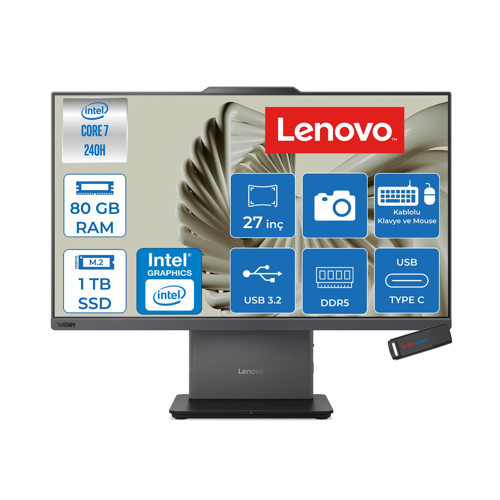Thinkcentre Neo 50A Intel Core 7 240H 80GB 1tb SSD Freedos Intel Graphics 27" Fhd (1920X1080) IPS Dokunmatik All In One Bilgisayar 12SA0024TRF33 + Zetta Usbbellek